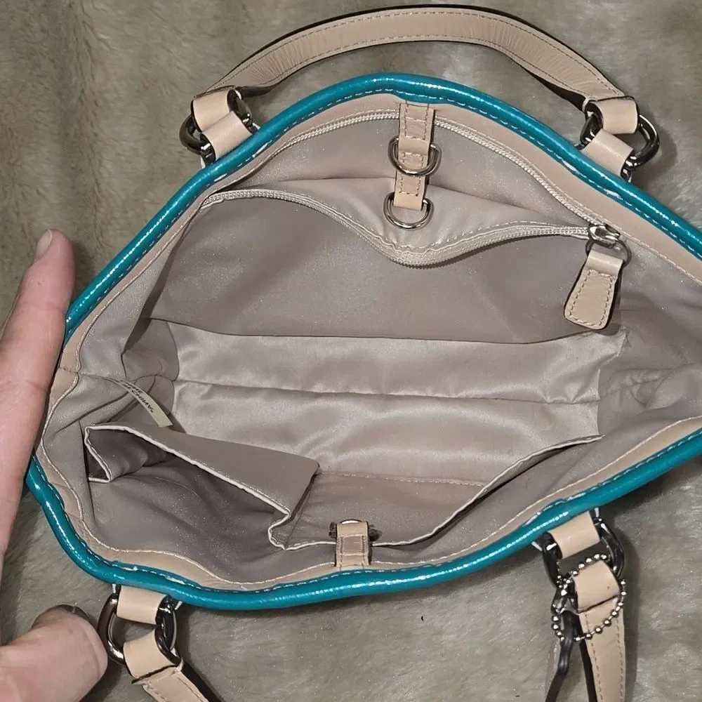 COACH SIGNATURE STRIPE TOP HANDLE TOTE (F51267) SILVER/NAVY/BRIGHT JADE